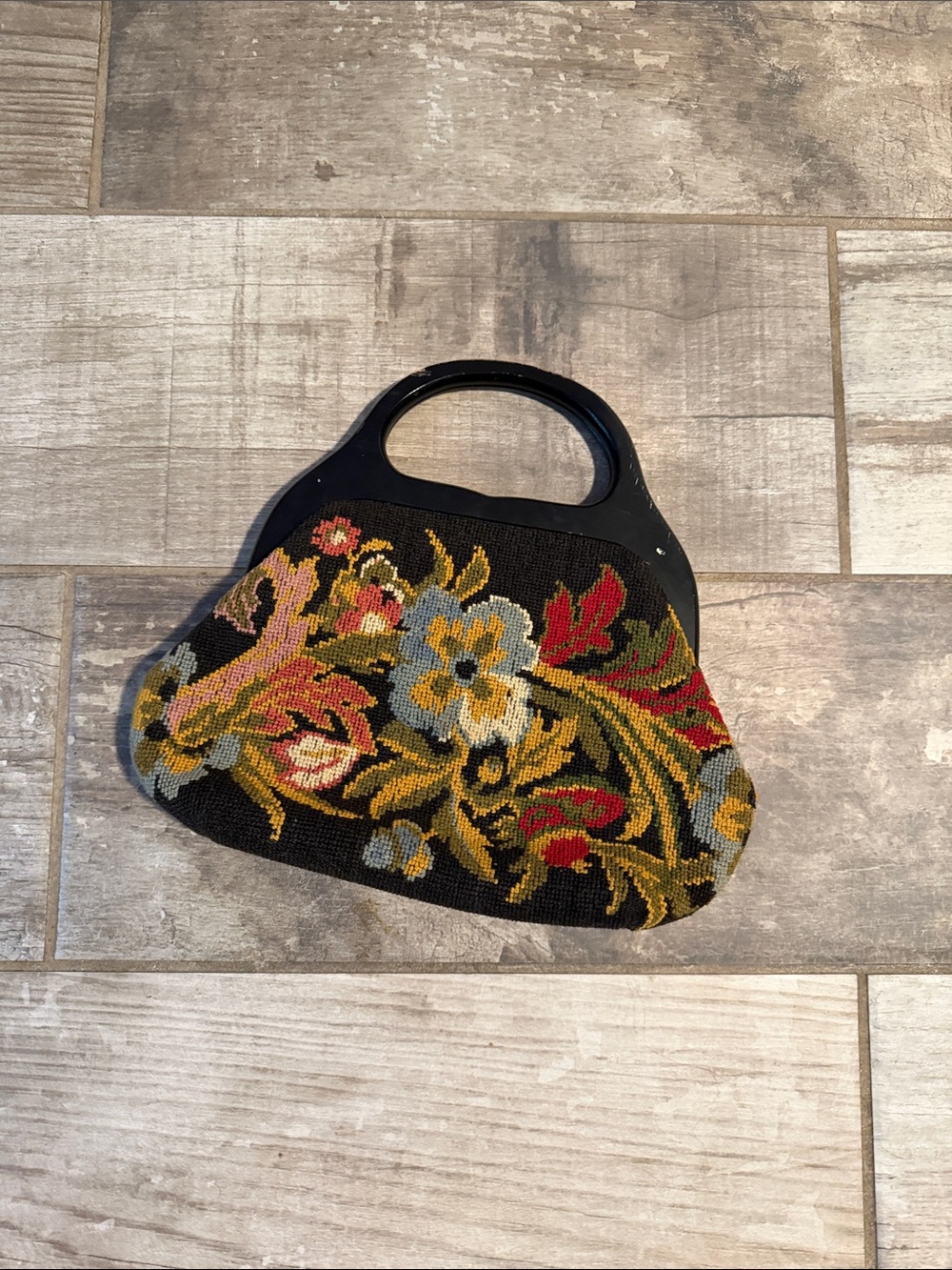 Vintage Floral Needlepoint Mini Bag - Black, Gold, Red, Blue